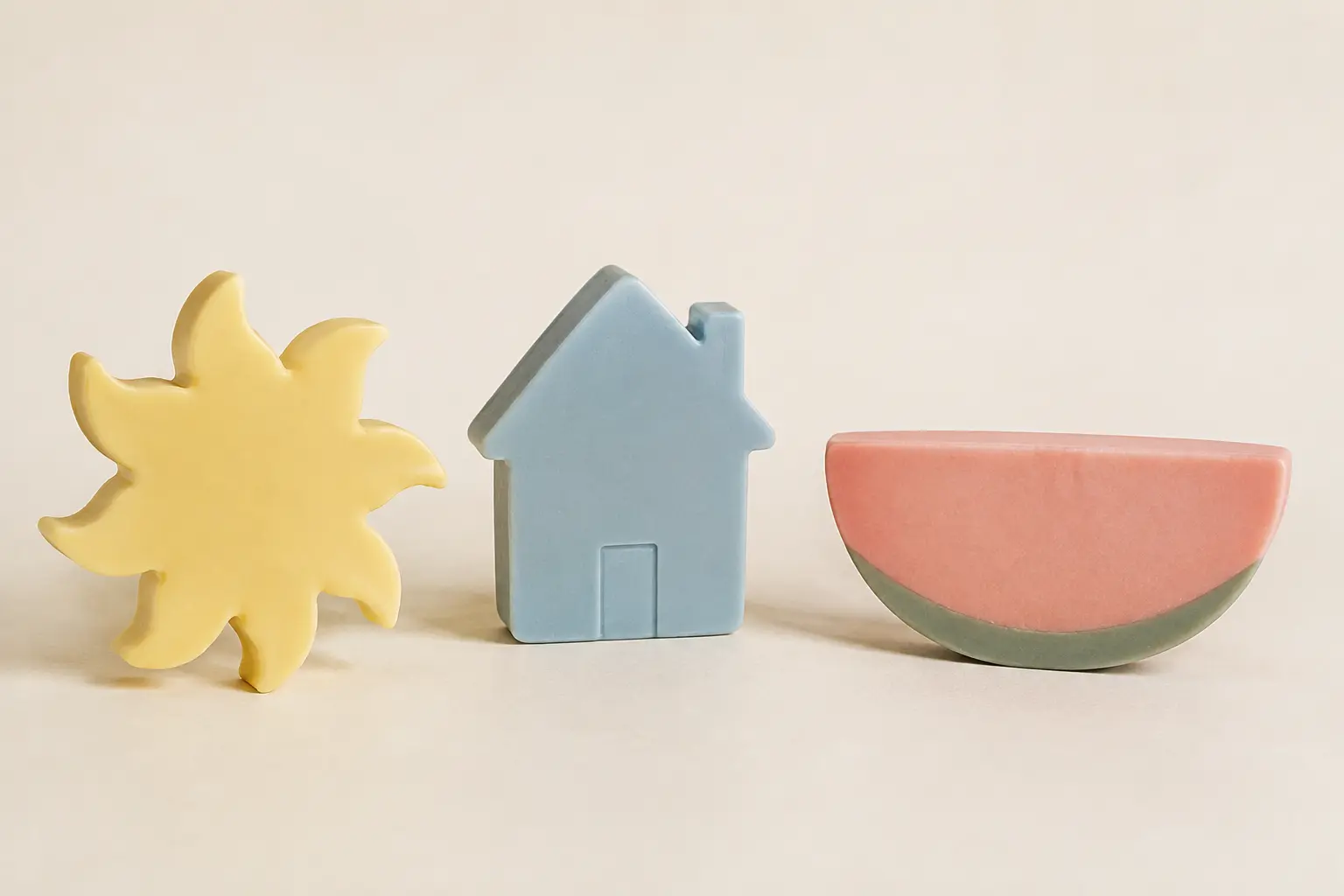 Colección Peques de Marialíz Atelier: Sol amarillo, Casita azul y Sandía rosa con borde verde